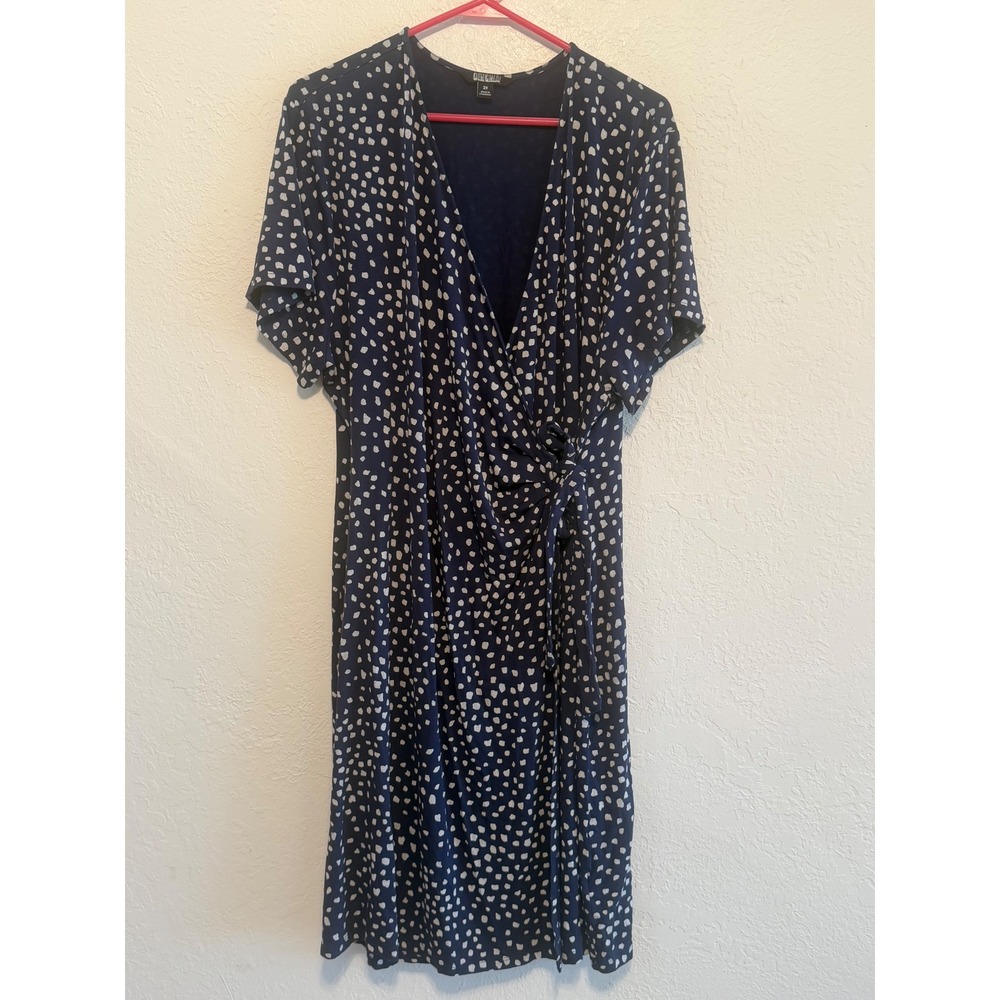 Nicole Miller Original Navy Blue Polka Dot Faux Wrap Midi Dress 2X Short Sleeve